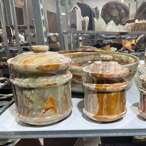 Four Beautiful kitchen decor. Carved Green Onyx canister set 4